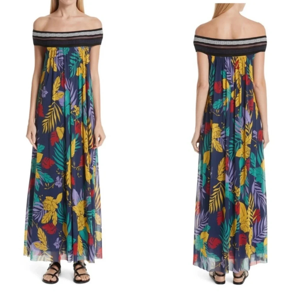 FUZZI Floral Tulle Off the Shoulder Maxi Dress Tropical Long Blue Yellow XS